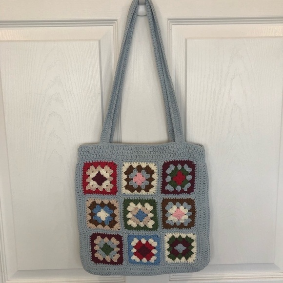 handmade Handbags - Crochet granny square shoulder bag tote bag purse lined snap closure handmade